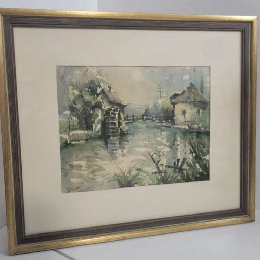 Vintage Framed Original Watercolor Painting Country Mill
